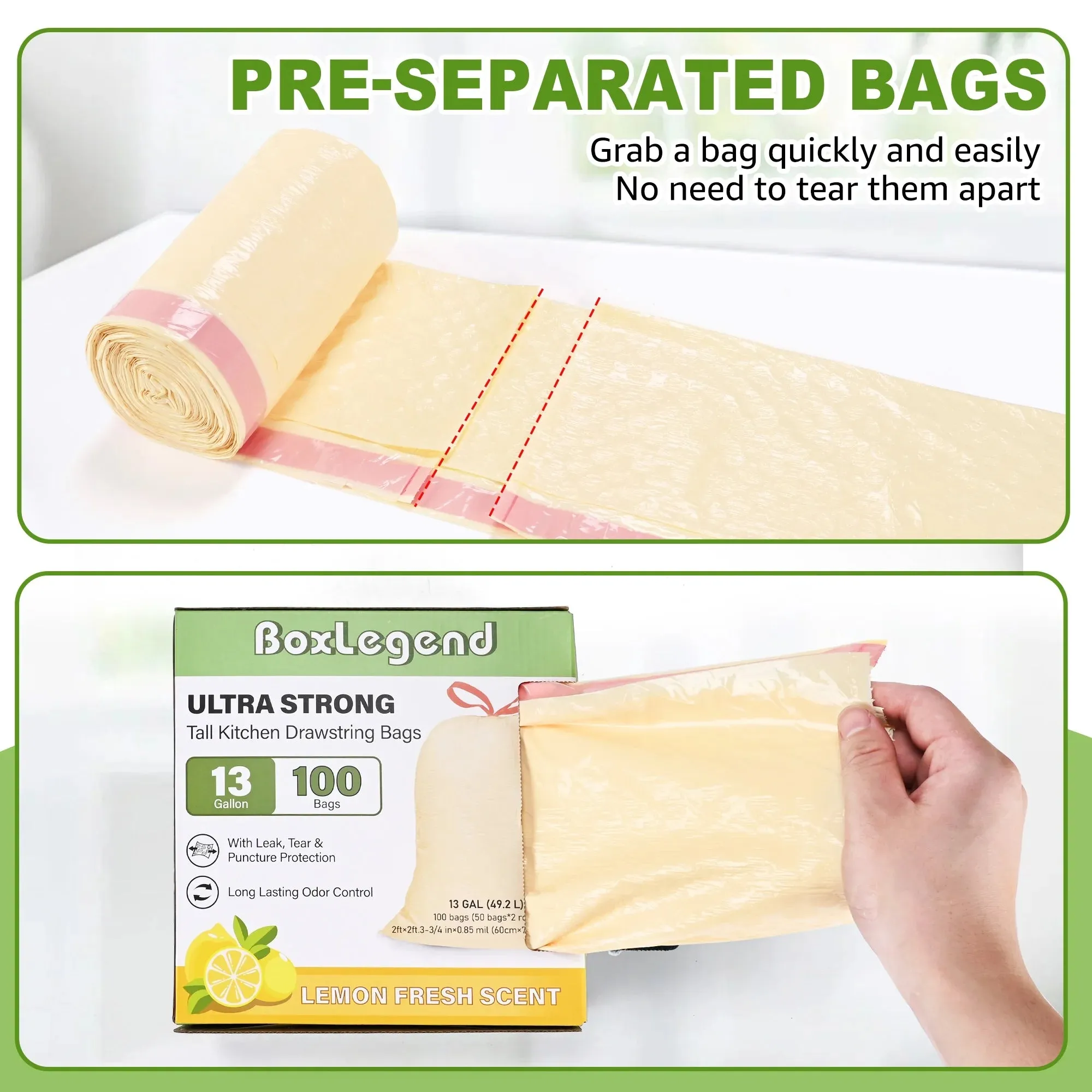 BoxLegend Trash Bags, Ultra Strong 13 Gallon Drawstring Tall Kitchen Garbage Bags, Lemon Scent, 100 Pcs, Light Yellow