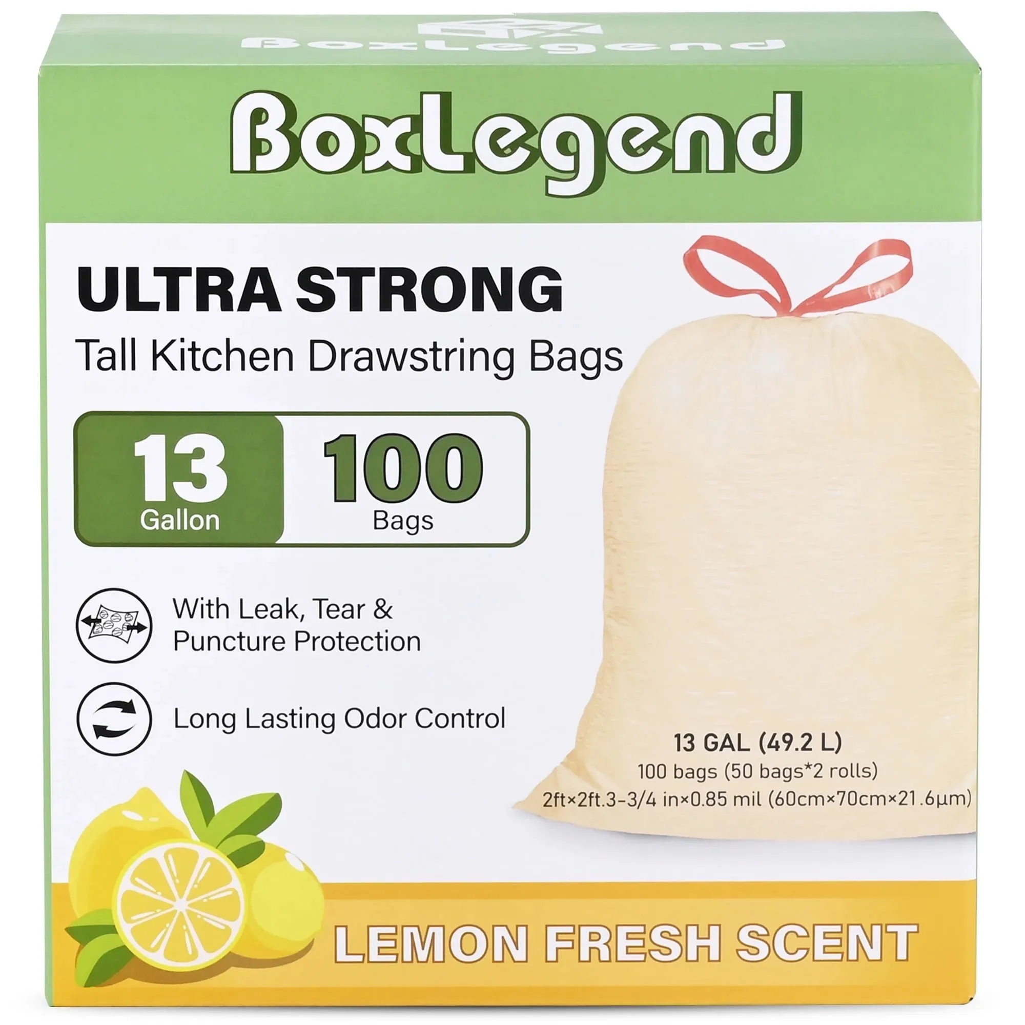 BoxLegend Trash Bags, Ultra Strong 13 Gallon Drawstring Tall Kitchen Garbage Bags, Lemon Scent, 100 Pcs, Light Yellow