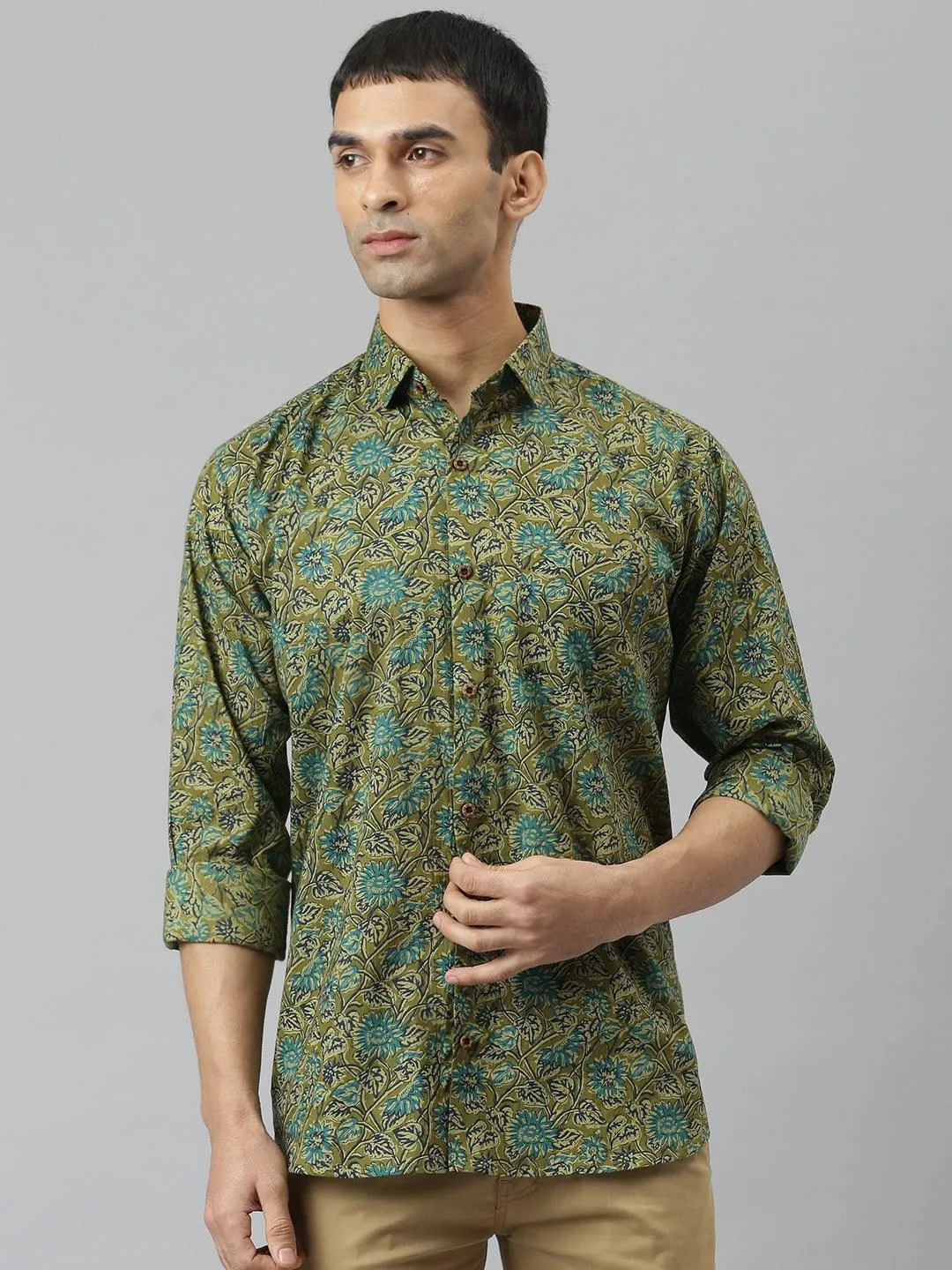 Millennial Men Mehendi & Green Cotton  Full Sleeve  Shirt For Men-Mmf0278