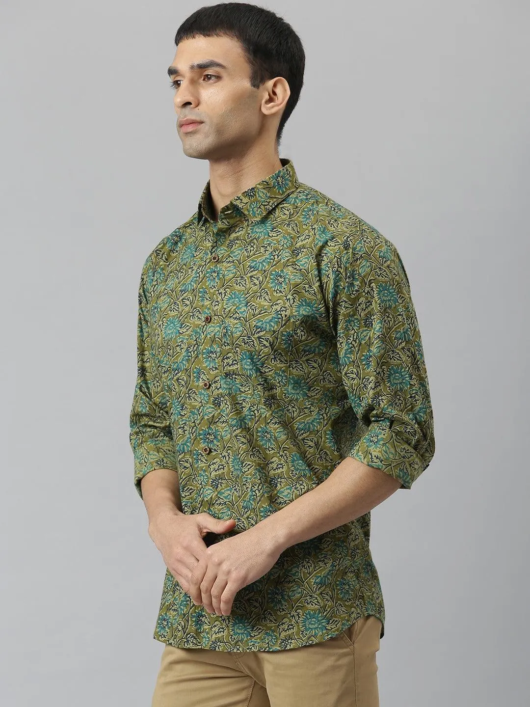 Millennial Men Mehendi & Green Cotton  Full Sleeve  Shirt For Men-Mmf0278