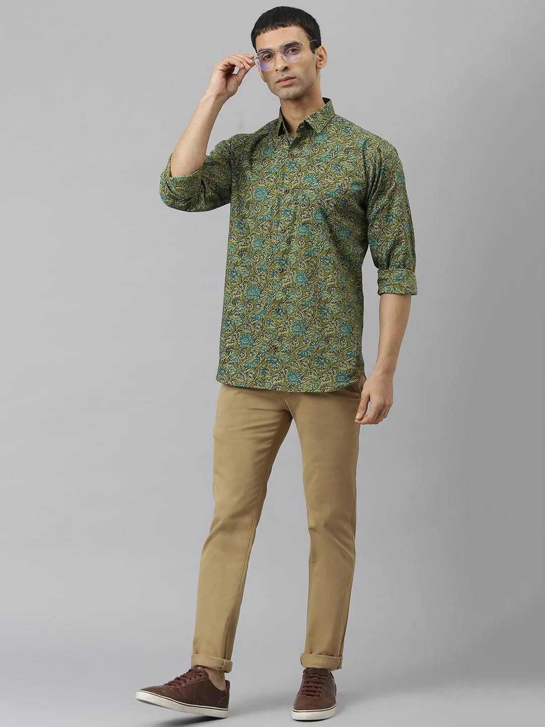 Millennial Men Mehendi & Green Cotton  Full Sleeve  Shirt For Men-Mmf0278