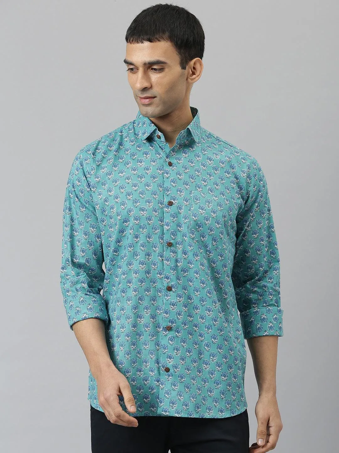 Millennial Men Turquoise Blue & Blue  Cotton  Full Sleeve  Shirt For Men-Mmf0270