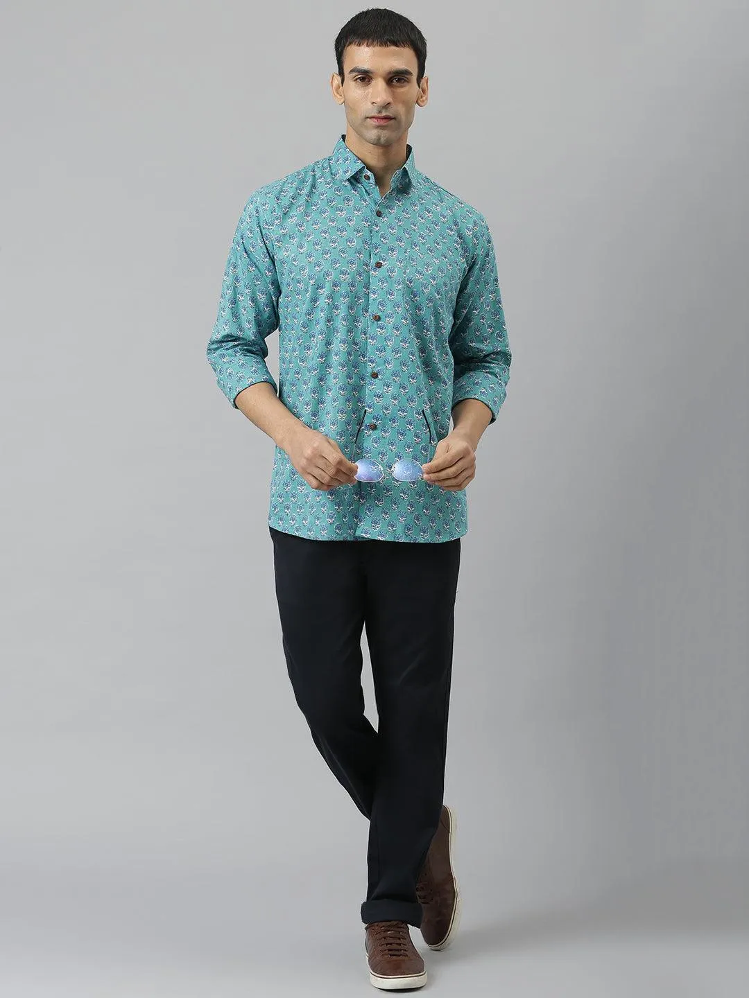 Millennial Men Turquoise Blue & Blue  Cotton  Full Sleeve  Shirt For Men-Mmf0270