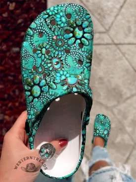 Turquoise Flower Pattern Print Casual Slippers